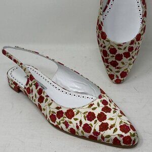 Manolo Blahnik SAWRA Satin Slingback Flats Pumps 41 EU 11 US Floral Red